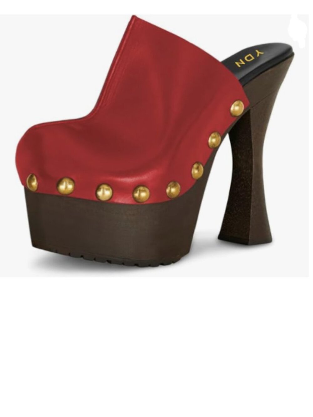 YDN Red Nail Studded Round Toe Platform Mules Block High Heels Slip On Pumps